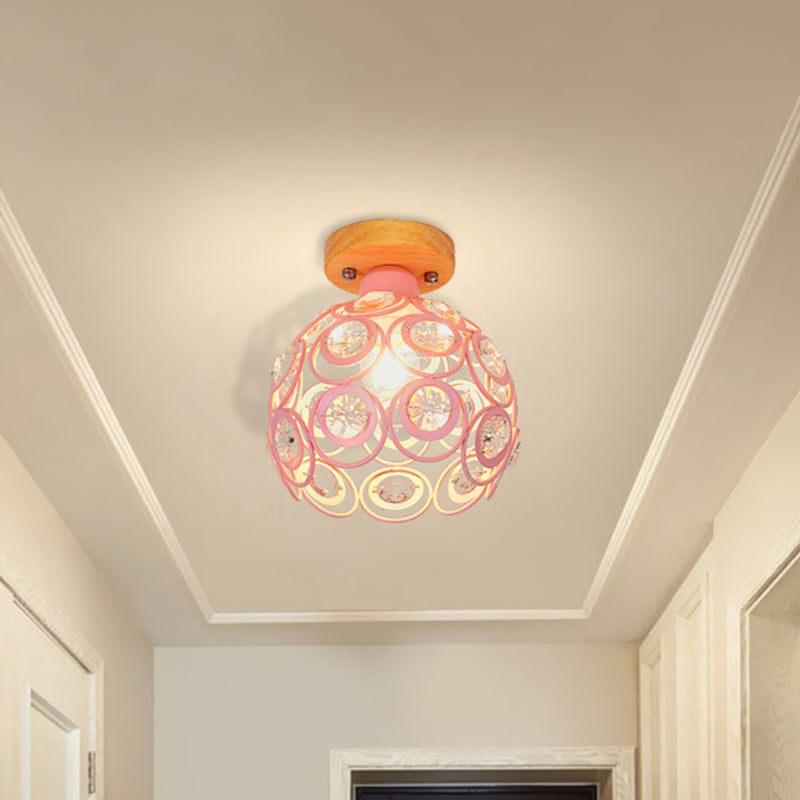 1 Head Pink/Green/Gray Flush Mount Lighting with Global Metal Lampshade Nordic Flush Mount Lamp for Foyer Clearhalo 'Ceiling Lights' 'Close To Ceiling Lights' 'Close to ceiling' 'Semi-flushmount' Lighting' 468601