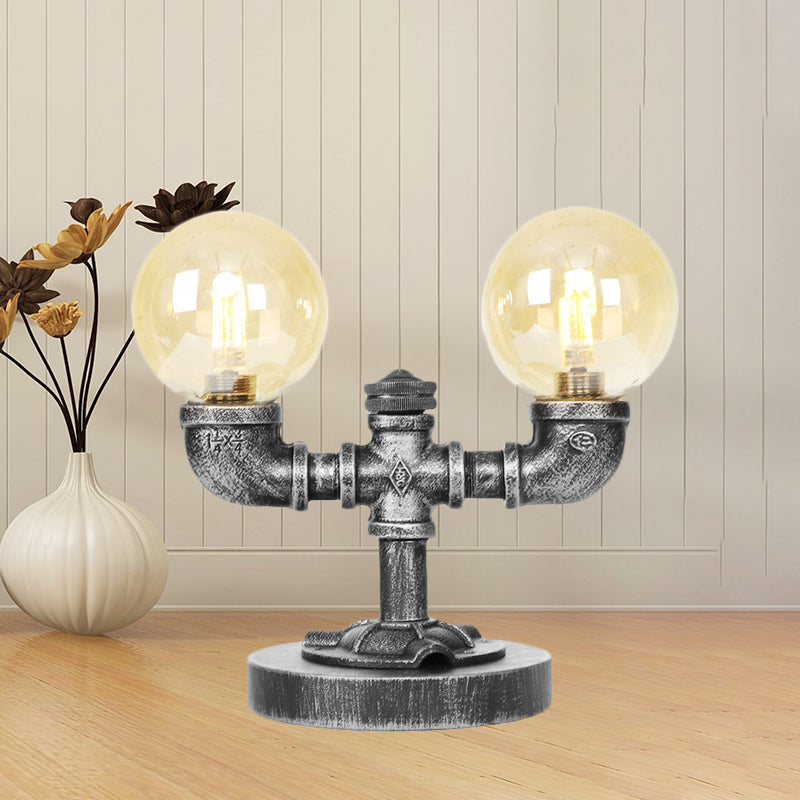 Industrial Round Shade Desk Lamp 2/3-Bulb Clear/Amber Glass Task Lighting in Antique Silver/Bronze with Base Clearhalo 'Lamps' 'Table Lamps' Lighting' 468643