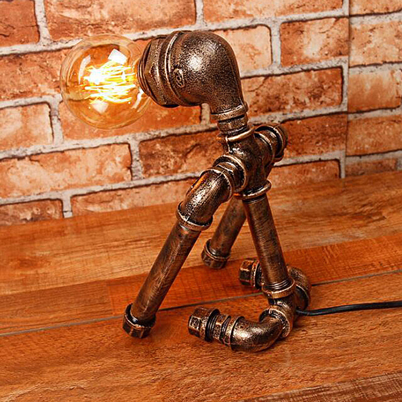 Standing/Sitting Robot Metallic Table Light with Pipe Industrial Stylish 1 Bulb Coffee Shop Table Lamp in Bronze Clearhalo 'Lamps' 'Table Lamps' Lighting' 468651