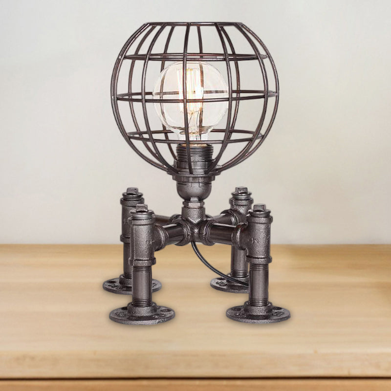 1-Light Global Cage Table Lamp Farmhouse Style Aged Silver/Bronze Wrought Iron Table Light with Piped Base Clearhalo 'Lamps' 'Table Lamps' Lighting' 468655