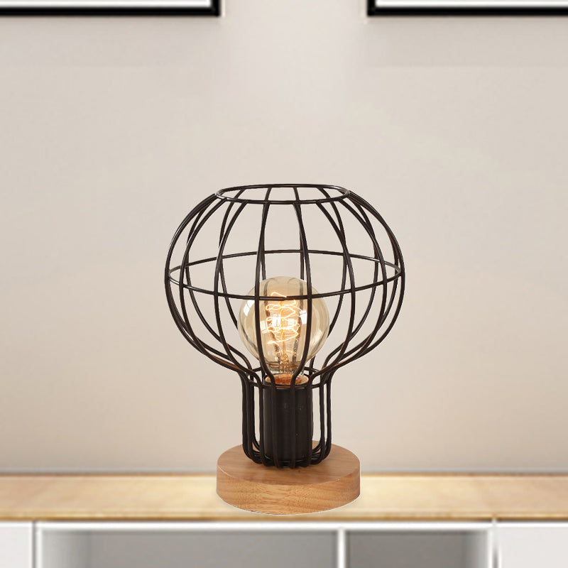 1 Bulb Table Lamp Industrial Stylish Pear/Barrel Shade Metal and Wood Task Lamp with Wire Guard in Black for Bedroom Clearhalo 'Lamps' 'Table Lamps' Lighting' 468659