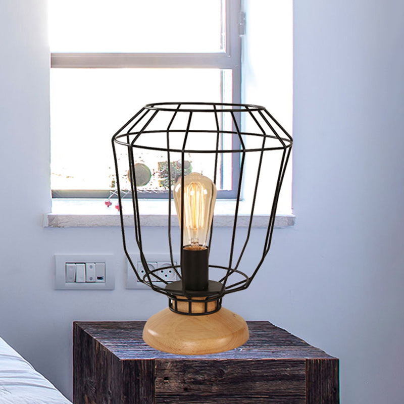 1 Bulb Table Lamp Industrial Stylish Pear/Barrel Shade Metal and Wood Task Lamp with Wire Guard in Black for Bedroom Clearhalo 'Lamps' 'Table Lamps' Lighting' 468660