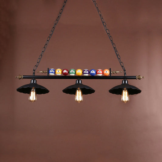 2/3 Bulbs Ruffled Edge Island Light Vintage Style Black Finish Metal Island Chandelier for Billiard Room 3 Black Clearhalo 'Ceiling Lights' 'Island Lights' Lighting' 46940