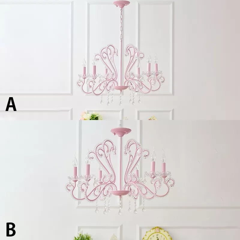 Candle Restaurant Hanging Light with Crystal Bead Metal Modern Chandelier in Pink Finish Clearhalo 'Ceiling Lights' 'Chandeliers' Lighting' options 48593