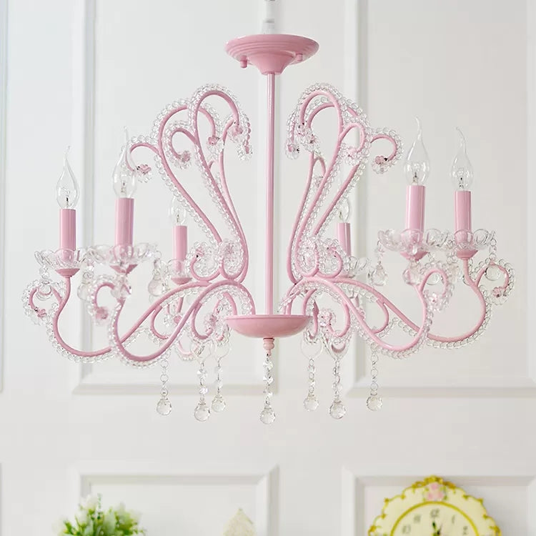 Candle Restaurant Hanging Light with Crystal Bead Metal Modern Chandelier in Pink Finish Pink B Clearhalo 'Ceiling Lights' 'Chandeliers' Lighting' options 48594_6bd35ab3-49bf-4d3d-ad1e-c1a67a3b74c9