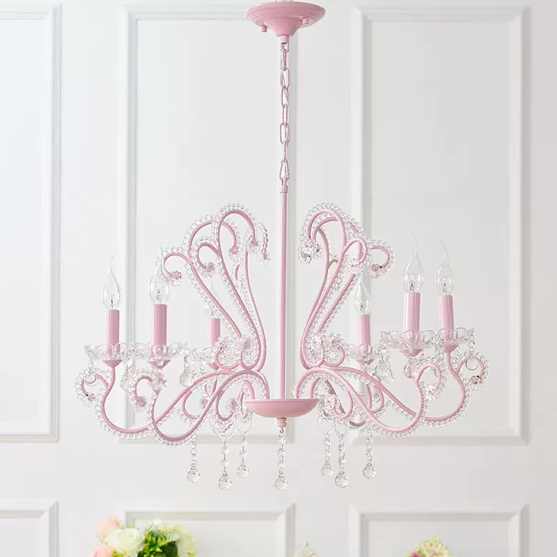 Candle Restaurant Hanging Light with Crystal Bead Metal Modern Chandelier in Pink Finish Pink A Clearhalo 'Ceiling Lights' 'Chandeliers' Lighting' options 48595_851d1e85-b576-4872-be7a-21bcec61d3cf
