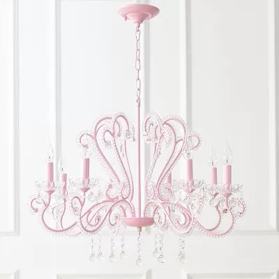 Candle Restaurant Hanging Light with Crystal Bead Metal Modern Chandelier in Pink Finish Clearhalo 'Ceiling Lights' 'Chandeliers' Lighting' options 48596