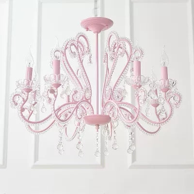 Candle Restaurant Hanging Light with Crystal Bead Metal Modern Chandelier in Pink Finish Clearhalo 'Ceiling Lights' 'Chandeliers' Lighting' options 48597