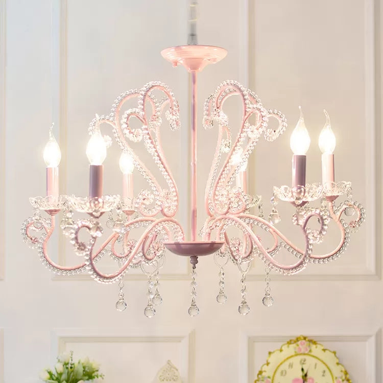 Candle Restaurant Hanging Light with Crystal Bead Metal Modern Chandelier in Pink Finish Clearhalo 'Ceiling Lights' 'Chandeliers' Lighting' options 48598