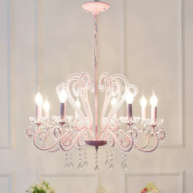 Candle Restaurant Hanging Light with Crystal Bead Metal Modern Chandelier in Pink Finish Clearhalo 'Ceiling Lights' 'Chandeliers' Lighting' options 48599