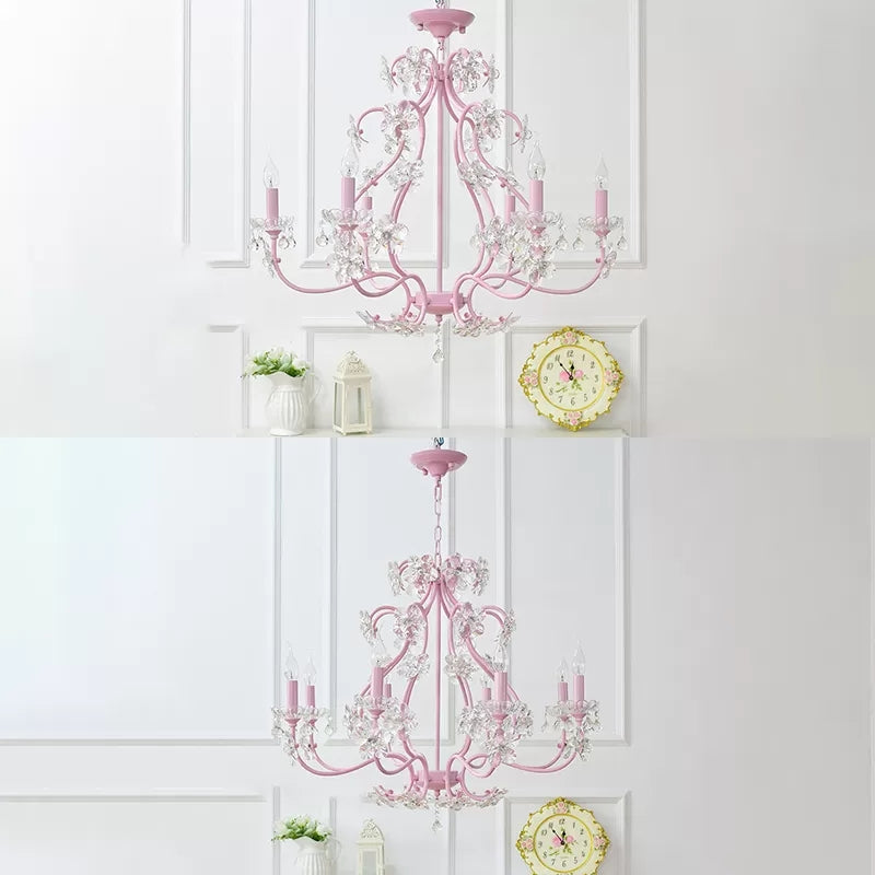 Candle Shape Chandelier with Clear Crystal Kids Metal Hanging Light in Pink with Crystal for Dining Room Clearhalo 'Ceiling Lights' 'Chandeliers' Lighting' options 48601