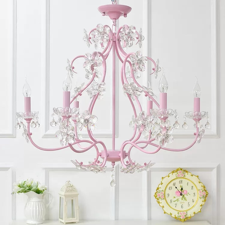 Candle Shape Chandelier with Clear Crystal Kids Metal Hanging Light in Pink with Crystal for Dining Room 6 Pink Clearhalo 'Ceiling Lights' 'Chandeliers' Lighting' options 48602_a086def0-e585-4ffa-98c2-f053b088ed53