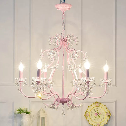 Candle Shape Chandelier with Clear Crystal Kids Metal Hanging Light in Pink with Crystal for Dining Room Clearhalo 'Ceiling Lights' 'Chandeliers' Lighting' options 48603