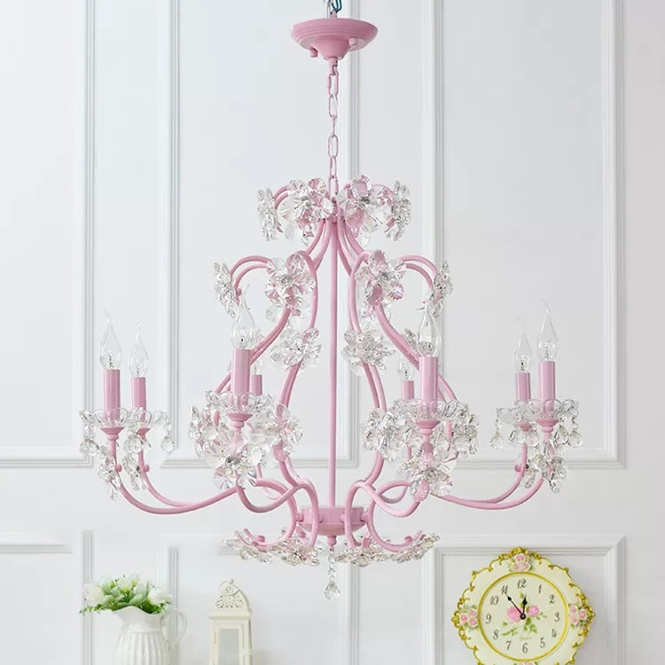 Candle Shape Chandelier with Clear Crystal Kids Metal Hanging Light in Pink with Crystal for Dining Room 8 Pink Clearhalo 'Ceiling Lights' 'Chandeliers' Lighting' options 48604_221ea4b3-0ab4-4a45-80c9-9cbb88c11cc0