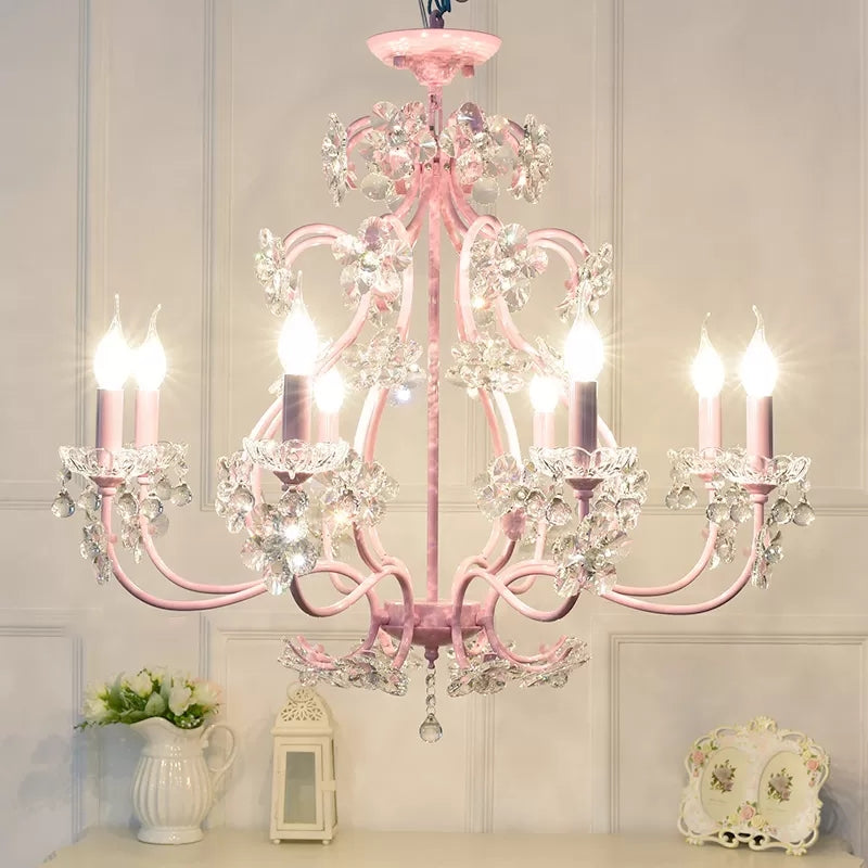 Candle Shape Chandelier with Clear Crystal Kids Metal Hanging Light in Pink with Crystal for Dining Room Clearhalo 'Ceiling Lights' 'Chandeliers' Lighting' options 48605