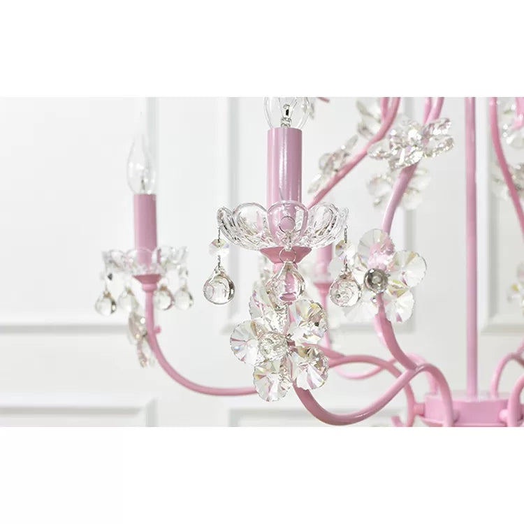 Candle Shape Chandelier with Clear Crystal Kids Metal Hanging Light in Pink with Crystal for Dining Room Clearhalo 'Ceiling Lights' 'Chandeliers' Lighting' options 48606