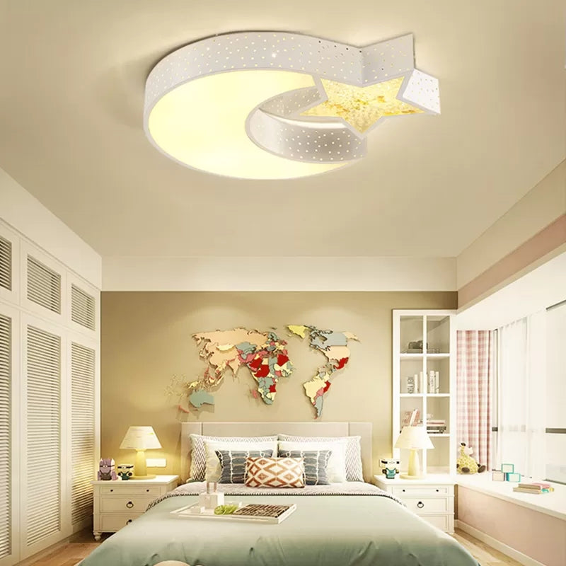 Kids White Ceiling Light Hollow Star Moon Acrylic LED Flush Mount Light for Study Room White Clearhalo 'Ceiling Lights' 'Close To Ceiling Lights' 'Close to ceiling' 'Flush mount' Lighting' 48617