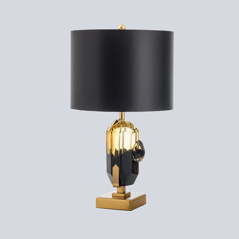 Straight Sided Shade Desk Light Modern Fabric 1 Bulb Night Table Lamp in Black with Oblong Amber Glazed Crystal Base Clearhalo 'Lamps' 'Table Lamps' Lighting' 493248