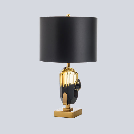 Straight Sided Shade Desk Light Modern Fabric 1 Bulb Night Table Lamp in Black with Oblong Amber Glazed Crystal Base Clearhalo 'Lamps' 'Table Lamps' Lighting' 493248