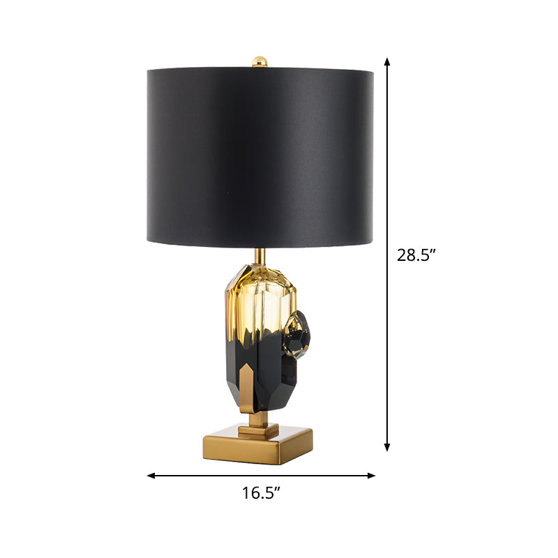 Straight Sided Shade Desk Light Modern Fabric 1 Bulb Night Table Lamp in Black with Oblong Amber Glazed Crystal Base Clearhalo 'Lamps' 'Table Lamps' Lighting' 493249