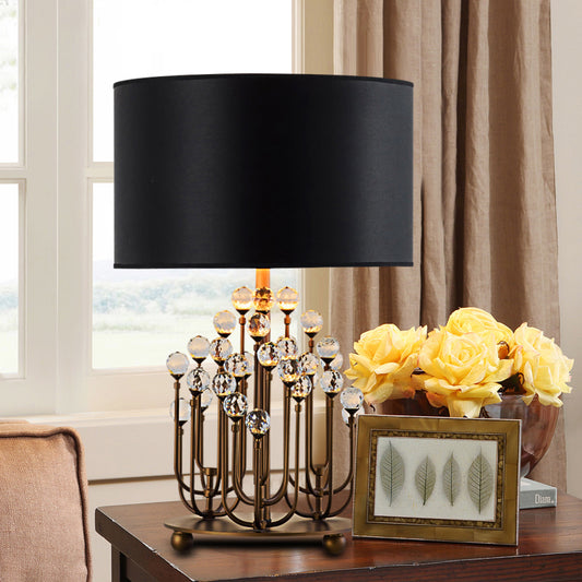Drum Shape Fabric Task Light Modernism 1 Bulb Black Nightstand Lamp with Crystal Ball Black Clearhalo 'Lamps' 'Table Lamps' Lighting' 493250