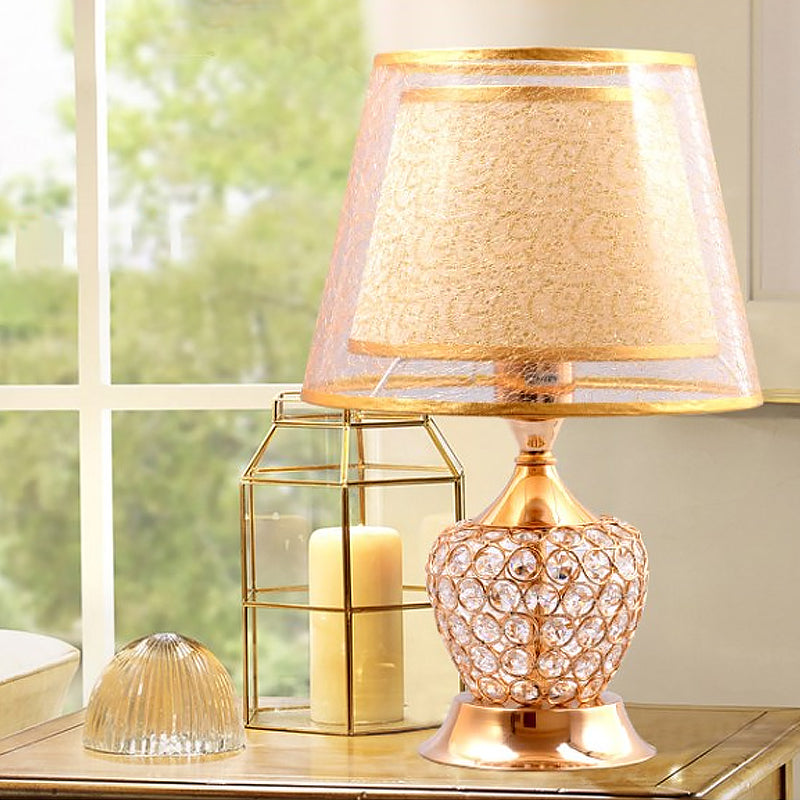 Fabric Flared Shade Table Light Modern 1 Head Gold Small Desk Lamp with Crystal Bead Gold Clearhalo 'Lamps' 'Table Lamps' Lighting' 493296