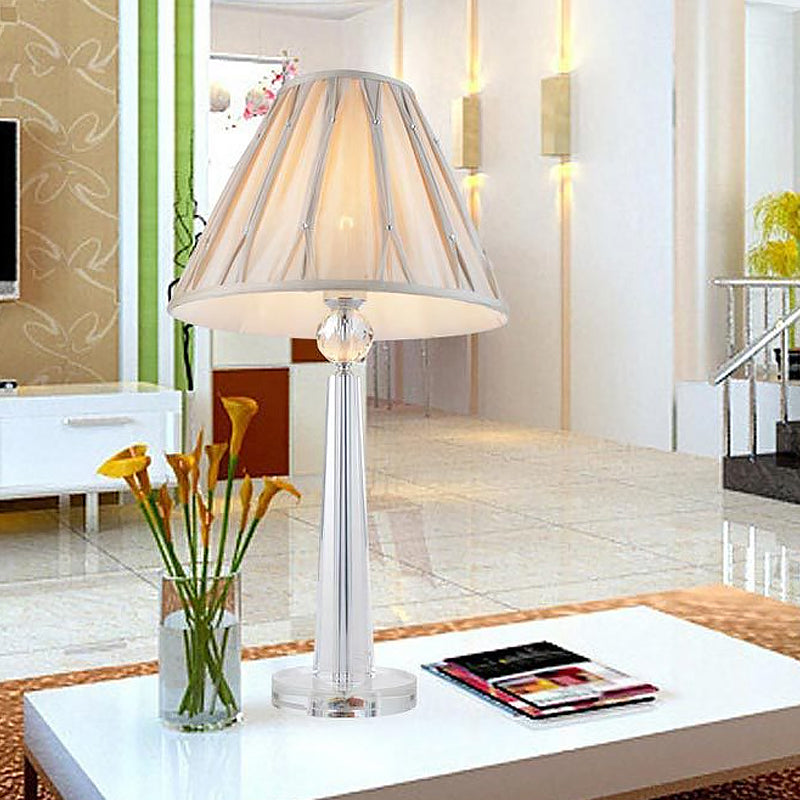 Wide Flare Crystal Task Light Simplicity Fabric 1 Bulb Beige Nightstand Lamp for Bedside Clearhalo 'Lamps' 'Table Lamps' Lighting' 493388