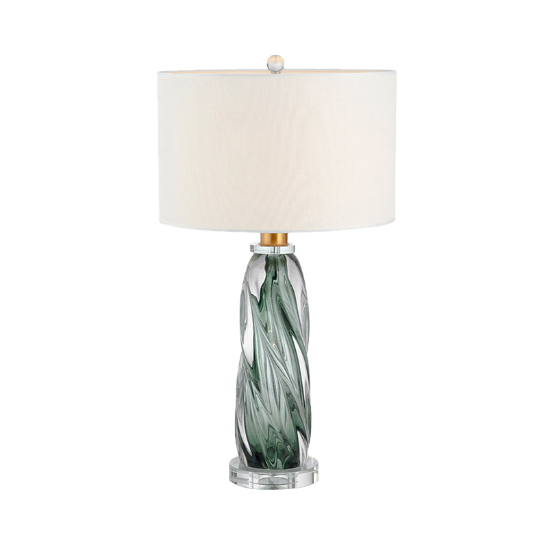 Fabric Cylindrical Task Light Contemporary 1 Head White Nightstand Lamp with Twist Pewter Glazed Crystal Base Clearhalo 'Lamps' 'Table Lamps' Lighting' 493488