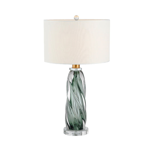 Fabric Cylindrical Task Light Contemporary 1 Head White Nightstand Lamp with Twist Pewter Glazed Crystal Base Clearhalo 'Lamps' 'Table Lamps' Lighting' 493488