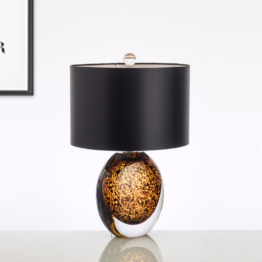 Modernist Drum Task Lighting Fabric 1 Head Small Desk Lamp in Black with Globe Amber Glazed Crystal Base Black Clearhalo 'Lamps' 'Table Lamps' Lighting' 493505