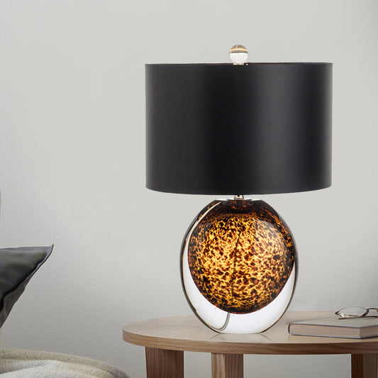 Modernist Drum Task Lighting Fabric 1 Head Small Desk Lamp in Black with Globe Amber Glazed Crystal Base Clearhalo 'Lamps' 'Table Lamps' Lighting' 493506