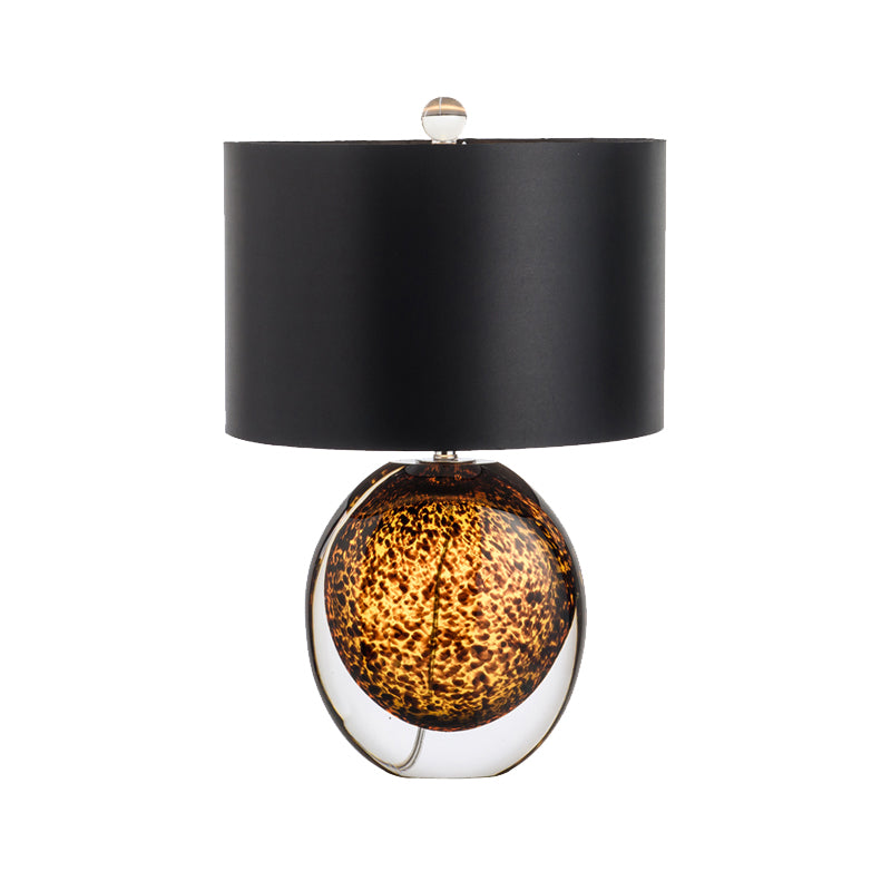 Modernist Drum Task Lighting Fabric 1 Head Small Desk Lamp in Black with Globe Amber Glazed Crystal Base Clearhalo 'Lamps' 'Table Lamps' Lighting' 493507