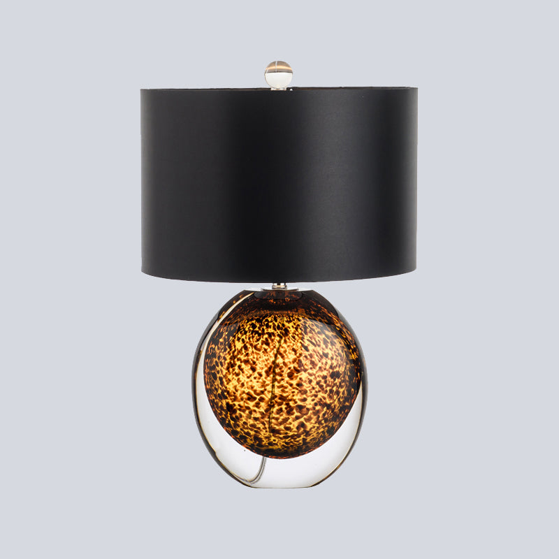 Modernist Drum Task Lighting Fabric 1 Head Small Desk Lamp in Black with Globe Amber Glazed Crystal Base Clearhalo 'Lamps' 'Table Lamps' Lighting' 493508