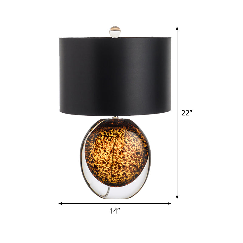 Modernist Drum Task Lighting Fabric 1 Head Small Desk Lamp in Black with Globe Amber Glazed Crystal Base Clearhalo 'Lamps' 'Table Lamps' Lighting' 493509