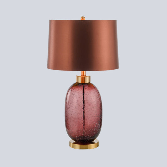Barrel Shape Desk Light Contemporary Fabric 1 Bulb Night Table Lamp in Brown with Oblong Glazed Crystal Base Clearhalo 'Lamps' 'Table Lamps' Lighting' 493513