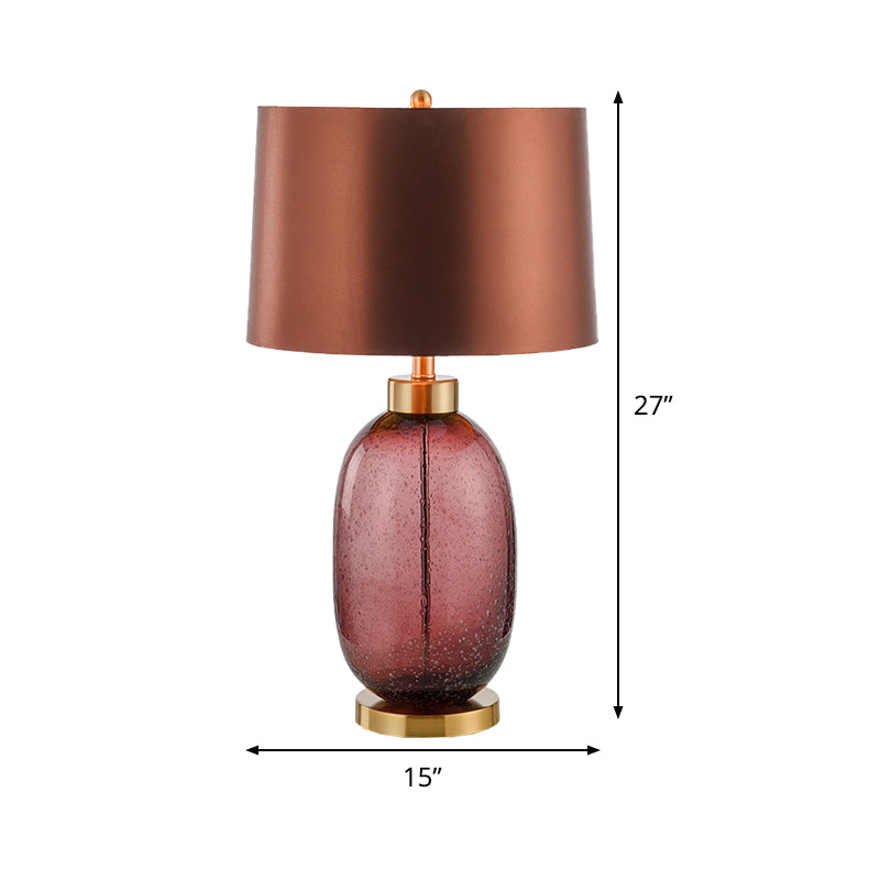 Barrel Shape Desk Light Contemporary Fabric 1 Bulb Night Table Lamp in Brown with Oblong Glazed Crystal Base Clearhalo 'Lamps' 'Table Lamps' Lighting' 493514