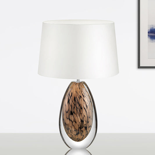 1 Head Tapered Table Lamp Modernist Fabric Desk Light in White with Teardrop Brown Glazed Crystal Base White Clearhalo 'Lamps' 'Table Lamps' Lighting' 493520