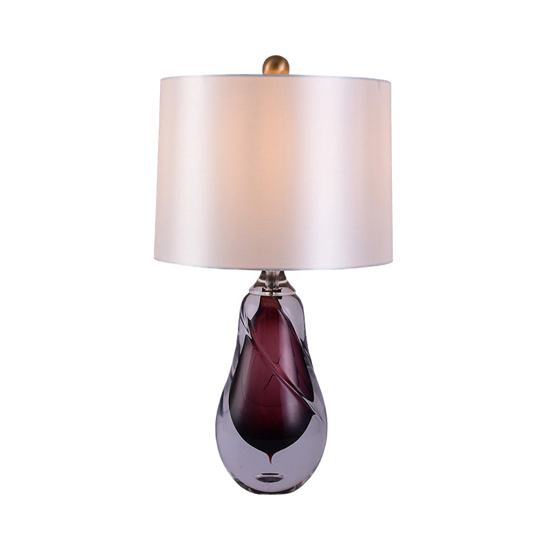 Fabric Drum Table Light Contemporary 1 Head White Small Desk Lamp with Teardrop Red Glazed Crystal Base Clearhalo 'Lamps' 'Table Lamps' Lighting' 493527