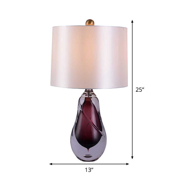 Fabric Drum Table Light Contemporary 1 Head White Small Desk Lamp with Teardrop Red Glazed Crystal Base Clearhalo 'Lamps' 'Table Lamps' Lighting' 493529