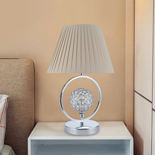 Pleated Fabric Table Light Contemporary 1 Head Beige Reading Lamp with Crystal Bead Beige Clearhalo 'Lamps' 'Table Lamps' Lighting' 493540