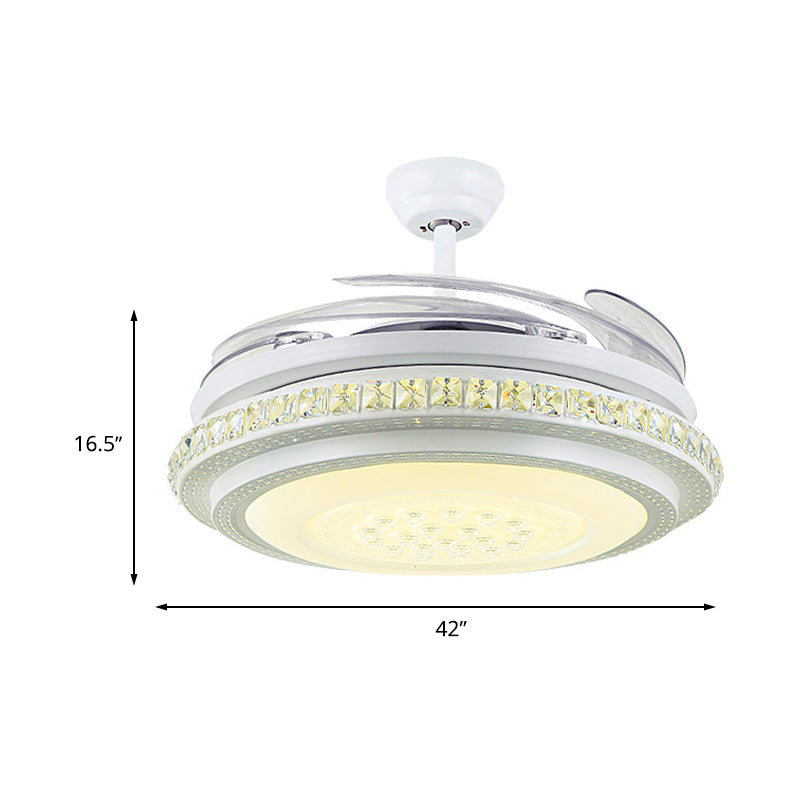 42" Width LED Semi Flush Ceiling Light Modern Circular Crystal Hanging Fan Lighting in White with 4 Clear Blades Clearhalo 'Ceiling Fans with Lights' 'Ceiling Fans' 'Modern Ceiling Fans' 'Modern' Lighting' 493614