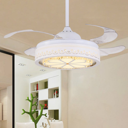 Flower Crystal Ceiling Fan Lighting Modern LED Living Room Semi Flush Light in White with 4 Clear Blades, 42" Wide White Clearhalo 'Ceiling Fans with Lights' 'Ceiling Fans' 'Modern Ceiling Fans' 'Modern' Lighting' 493640