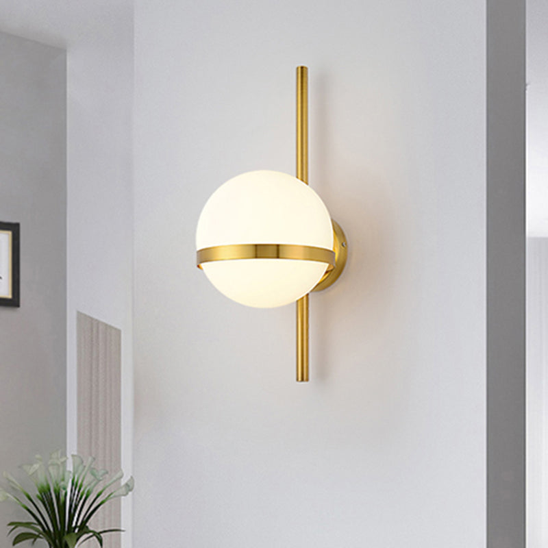 Black/Gold Vertical Wall Sconce Fixture Modern 1 Head Metal Wall Lamp with Orbit Opal Glass Shade, 6"/8" Width Clearhalo 'Cast Iron' 'Glass' 'Industrial' 'Modern wall lights' 'Modern' 'Tiffany' 'Traditional wall lights' 'Wall Lamps & Sconces' 'Wall Lights' Lighting' 493651