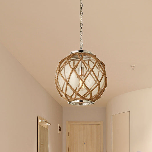 Globe Clear Glass Hanging Lighting Vintage 1 Head Corridor Suspension Lamp in Beige with Hand-Woven Rope Detail Beige Clearhalo 'Ceiling Lights' 'Industrial Pendants' 'Industrial' 'Middle Century Pendants' 'Pendant Lights' 'Pendants' 'Tiffany' Lighting' 493689