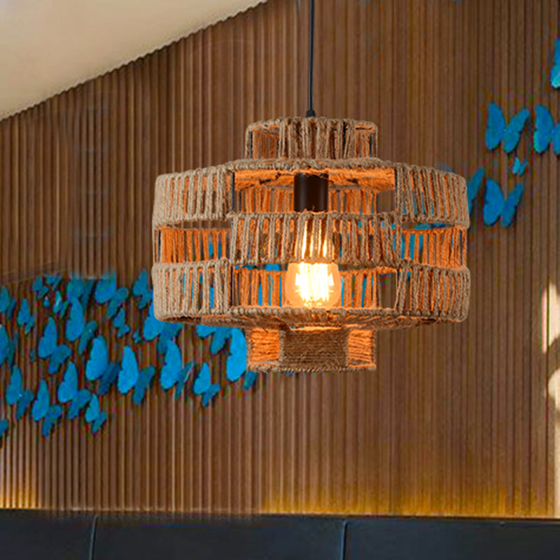 1 Light Drum Frame Ceiling Light Fixture Vintage Beige Rope Pendant Lamp for Restaurant Beige Clearhalo 'Ceiling Lights' 'Industrial Pendants' 'Industrial' 'Middle Century Pendants' 'Pendant Lights' 'Pendants' 'Tiffany' Lighting' 493709