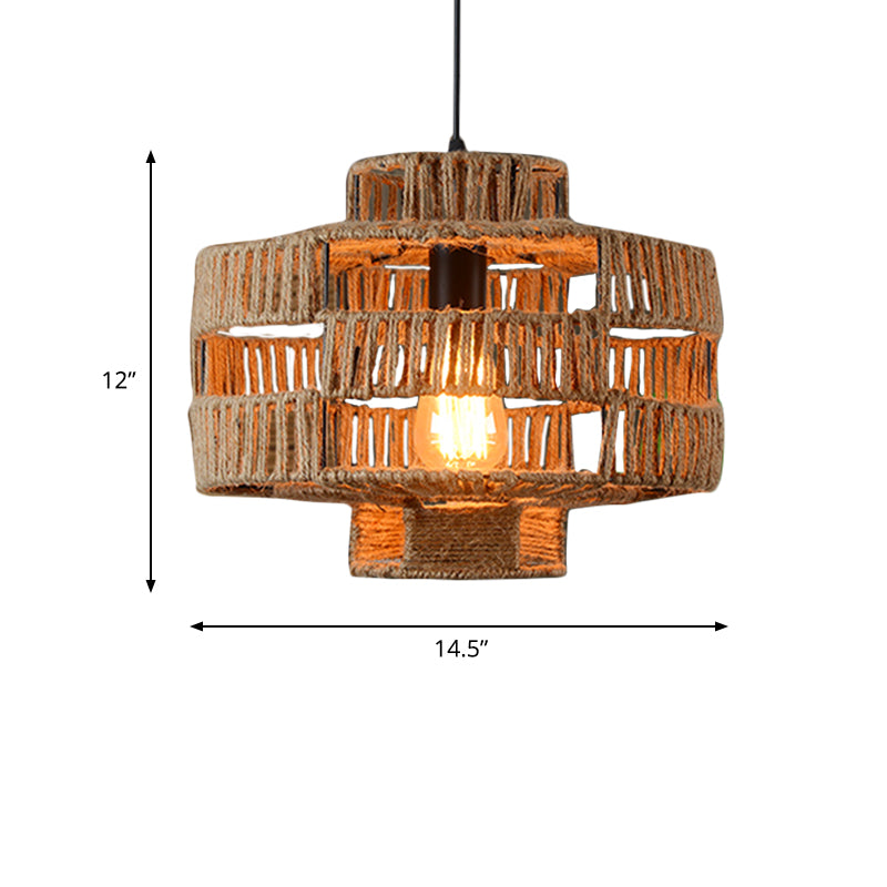 1 Light Drum Frame Ceiling Light Fixture Vintage Beige Rope Pendant Lamp for Restaurant Clearhalo 'Ceiling Lights' 'Industrial Pendants' 'Industrial' 'Middle Century Pendants' 'Pendant Lights' 'Pendants' 'Tiffany' Lighting' 493713