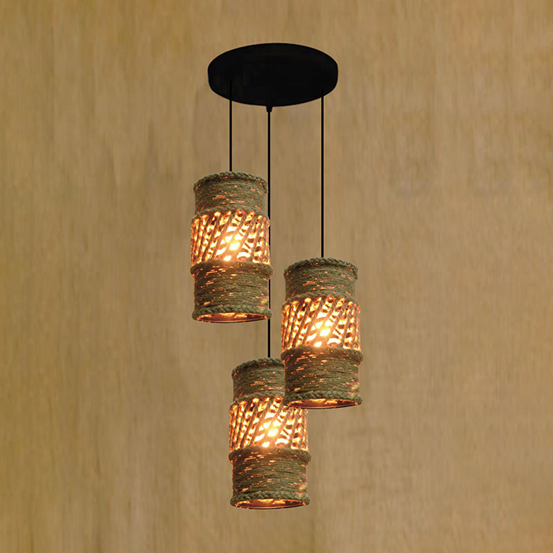 3-Head Ceiling Lighting Farmhouse Restaurant Cluster Pendant Lamp with Cylinder Rope Shade in Beige with Round Canopy Clearhalo 'Ceiling Lights' 'Industrial Pendants' 'Industrial' 'Middle Century Pendants' 'Pendant Lights' 'Pendants' 'Tiffany' Lighting' 493727