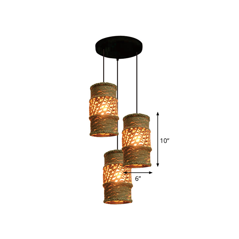 3-Head Ceiling Lighting Farmhouse Restaurant Cluster Pendant Lamp with Cylinder Rope Shade in Beige with Round Canopy Clearhalo 'Ceiling Lights' 'Industrial Pendants' 'Industrial' 'Middle Century Pendants' 'Pendant Lights' 'Pendants' 'Tiffany' Lighting' 493728