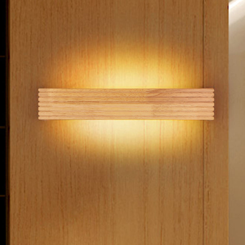 Striped Bedroom Wall Sconce Contemporary Wooden 14"/18"/21.5" Wide 1-Head Beige LED Up and Down Light Fixture in Warm/White Light Clearhalo 'Vanity Lights' 'Wall Lights' Lighting' 493729