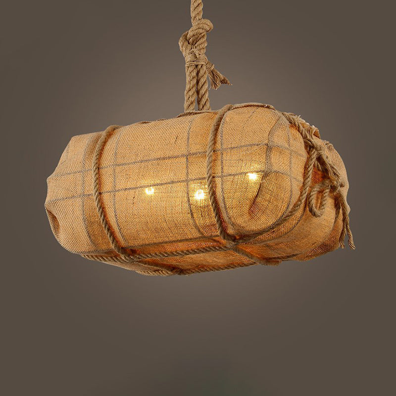 Rope Explosive Package Pendant Countryside 3 Bulbs Restaurant Fabric Chandelier Light in Beige Clearhalo 'Ceiling Lights' 'Chandeliers' 'Industrial Chandeliers' 'Industrial' 'Middle Century Chandeliers' 'Tiffany' Lighting' 493756
